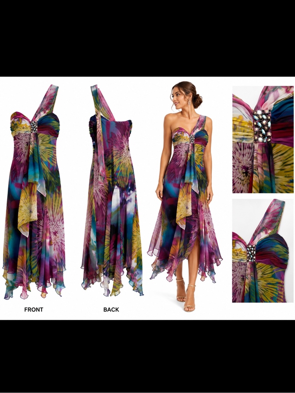SL Fashions Watercolor Chiffon Handkerchief Hem Embellished Midi Dress Women’s 8